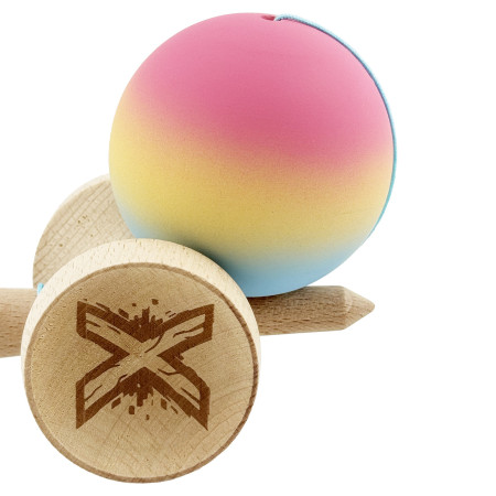 Kendama X Originala, Profesionala, Cyrax, Cupe Mari KING SIZE V3, Rubber Grip, Gaura in Baza, Rulment Metalic, din lemn 18 cm, Ata 62/65 cm, Gradient Roz/Galben/Albastru deschis