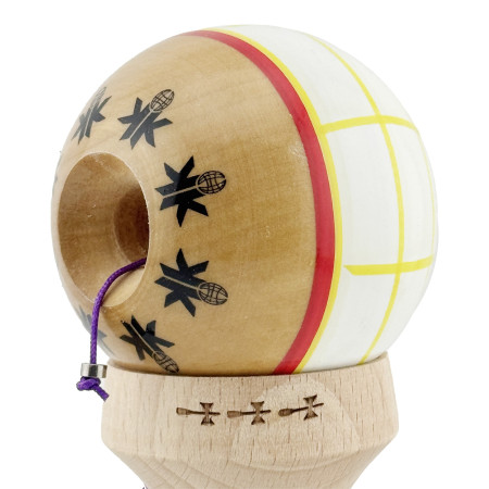 Kendama X Originala, Profesionala, Cyrax, Legendary Glob, Cupe Mari KING SIZE V3, Super Sticky, Gaura in Baza, Rulment Metalic, din lemn 18 cm, Ata 55 cm, Alb/Galben/Rosu