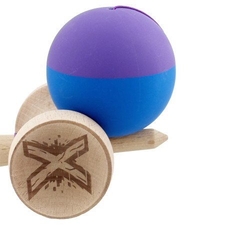 Kendama X Originala, Profesionala, Cyrax, Rubber Grip, Cupe Mari KING SIZE V3, Gaura in Baza, Rulment Metalic, din lemn 18 cm, Ata 62/65 cm, Bicolor Mov/Albastru