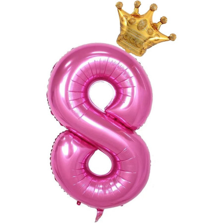 Balon din Folie Metalizata Cyrax, Figurina Cifra si Coroana, Tema Aniversare 100 cm, Ambalaj Individual, Pai inclus, Umflare cu Aer sau Heliu, Roz, Cifra 8