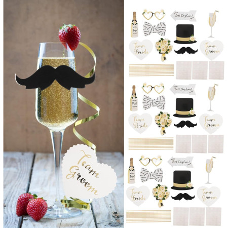 Set 10 Accesorii pentru Petrecere, Cyrax, Props pentru Coltul de Poze, Model Mire si Mireasa, Tematica Nunta, Multicolor