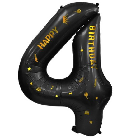 Balon din Folie Metalizata Cyrax, Figurina Cifra, Scris Happy Birthday, Tema Aniversare 100 cm, Ambalaj Individual, Pai inclus, Umflare cu Aer sau Heliu, Negru, Cifra 4