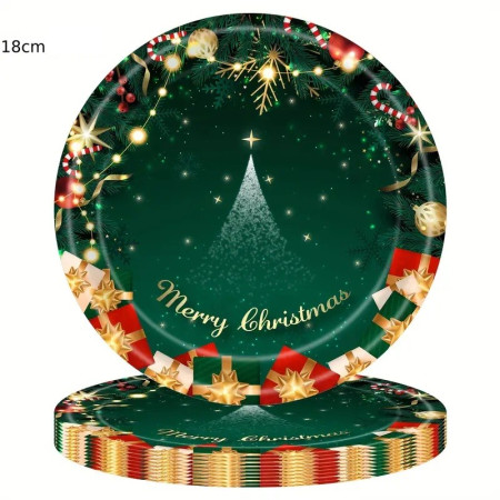 Set 16 Farfurii de Unica Folosinta, Cyrax, Model Brad de Craciun Merry Christmas, Tematica Craciun, 18 cm, Verde