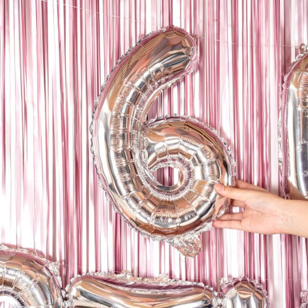 Balon din Folie Metalizata Cyrax, Figurina Cifra, Tema Aniversare 40 cm, Ambalaj Individual, Pai inclus, Umflare cu Aer sau Heliu, Argintiu, Cifra 6