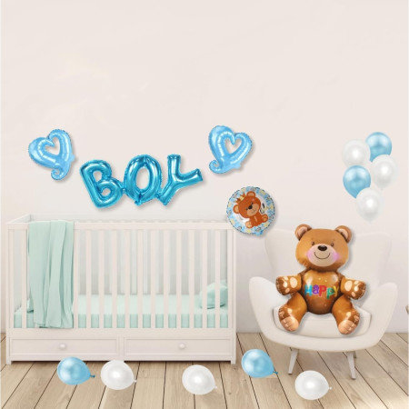 Set 25 Baloane, Cyrax, din Latex si Folie de Aluminiu, Model Ursulet/Boy, Diferite Marimi, Albastru