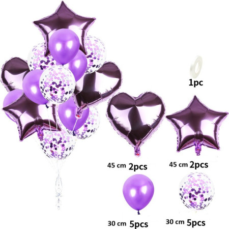 Set 14 Baloane din Folie Metalizată si din Latex, Cyrax, Figurine Stea si Inima 45 cm, Baloane Latex 30 cm, Tema Buchet, Ambalaj Individual, Pai Inclus, Umflare cu Aer sau Heliu, Mov
