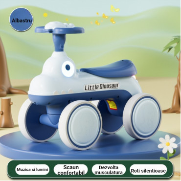 Bicicleta Pentru Copii, Cyrax, Fara Pedale, Cu Patru Roti, Din Plastic Rezistent, Fara BPA, Cu Muzica Si Lumini, Model Dinozaur, 50x27x40 Cm, Albastru