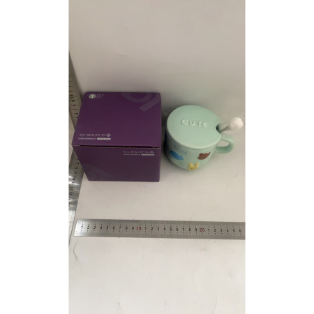 Cana ceramica, Cyrax, din Portelan, print Figurine Animalute, Cana penru Copii, Model CUTE, Cana cu Lingura si Capac, Ceasca pentru Cafea, Ceai, 400ml Albastru