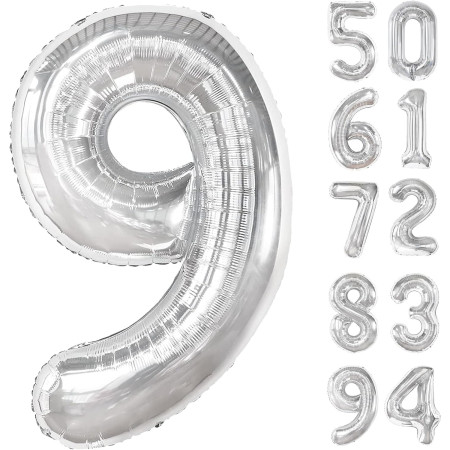 Balon din Folie Metalizata, Cyrax, Figurina Cifra, Tema Aniversare 80 cm, Ambalaj Individual, Pai inclus, Umflare cu Aer sau Heliu, Argintiu, Cifra 9
