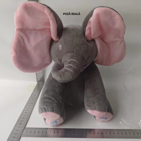 Jucarie Interactiva pentru Copii, Cyrax, Elefantel Peek-a-boo, Muzica, Misca Urechile, Alimentare cu Baterii, 30 cm, Roz-Gri