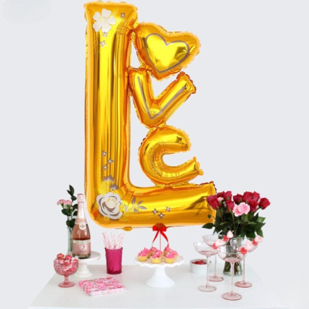 Balon din Folie Metalizata, Cyrax, Figurine, Model LOVE, Tematica Iubire, 110x64 cm, Ambalaj Individual, Pai Inclus, Umflare cu Aer sau Heliu, Galben