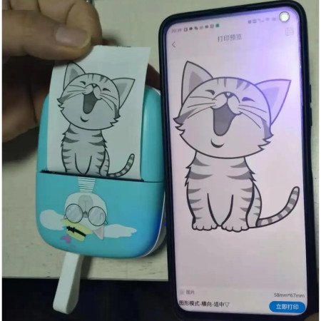 Mini Imprimanta Foto Portabila, Cyrax, Incarcare USB, Bluetooth, Model Pisica, Print Alb-Negru, Albastru