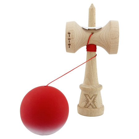 Kendama X Originala, Profesionala, Cyrax, Cupe Mari KING SIZE V3, Rubber Grip, Gaura in Baza, Rulment Metalic, din lemn 18 cm, Ata 62/65 cm, Gradient Rosu/Alb