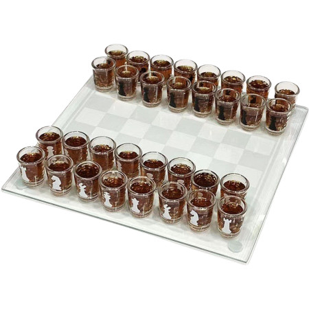 Joc de sah Cyrax din sticla cu pahare pentru shoturi, 35x35 cm, transparent