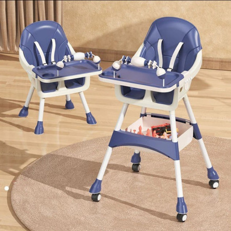 Scaun de Masa 2in1, Cyrax, pentru Copii de la 6 luni - 5 Ani, Inaltime Reglabila, Centura in 5 Puncte, Tava de Masa, Roti cu Frana, Cos Depozitare, Jucarie Inclusa, 94 x 78 x 60 cm, Albastru/Alb