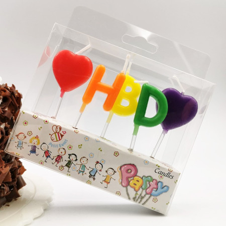 Set 5 Lumanari de Tort, Cyrax, Model Inimi, Litere HBD, 1.8 x 2.7 cm, din Ceara, Multicolor