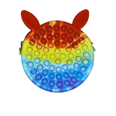 Jucarie antistres din silicon Cyrax, Geanta Pop It, Iepuras, 16 cm, Curcubeu