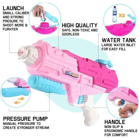 Set 2x Pistol cu Apa pentru Copii, Rezervor, Pentru Piscina/Plaja, Cyrax, 6ani+, Roz + Albastru, 1200 ML