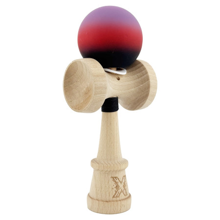 Kendama X Originala, Profesionala, Cyrax, Cupe Mari KING SIZE V3, Rubber Grip, Gaura in Baza, Rulment Metalic, din lemn 18 cm, Ata 62/65 cm, Gradient Mov/Rosu/Negru