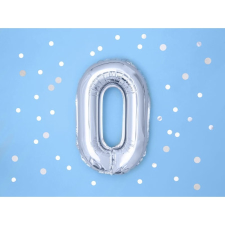 Balon din Folie Metalizata, Cyrax, Figurina Cifra, Tema Aniversare 100 cm, Ambalaj Individual, Pai inclus, Umflare cu Aer sau Heliu, Argintiu, Cifra 0