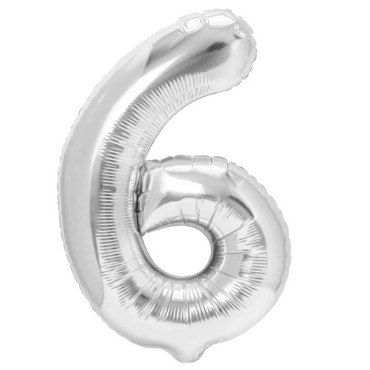 Balon din Folie Metalizata Cyrax, Figurina Cifra, Tema Aniversare 40 cm, Ambalaj Individual, Pai inclus, Umflare cu Aer sau Heliu, Argintiu, Cifra 6