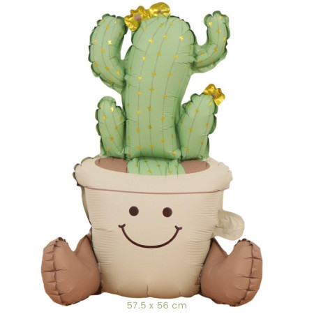 Balon din Folie Metalizata, Cyrax, Figurina Animata, Model Ghivechi Cactus, 57.5 x 56 cm, Ambalaj Individual, Pai Inclus, Umflare cu Aer sau Heliu, Verde