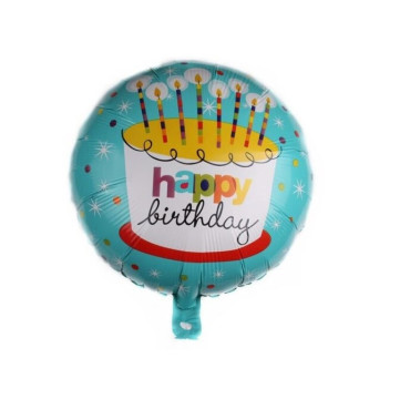 Balon din Folie Metalizata, Cyrax, Mini Figurina Rotunda, Model Happy Birthday Tort, Tema Aniversare, 45 cm, Ambalaj Individual, Pai inclus, Umflare cu Aer sau Heliu, Albastru