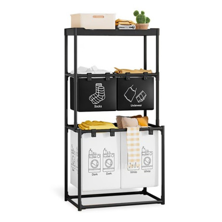 Cos de Rufe,  3 Rafturi, 4 Cosuri, Cadru de Otel Inoxidabil, 123x44x57 cm, Negru