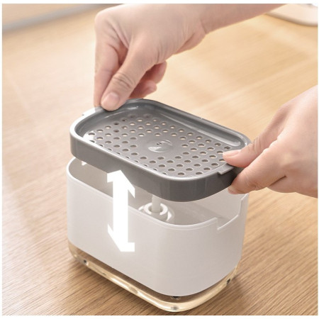 Dozator Cyrax, Dispenser 2 in 1 pentru Detergent Lichid de Vase sau pentru Obiecte Sanitare cu Suport pentru Burete de Bucatarie , 8.6 x 14.5 x 10 cm, capacitate 300 ml, alb