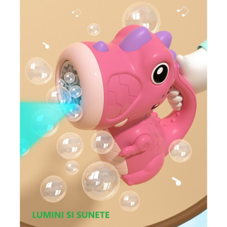 Jucarie Interactiva pentru Baloane de Sapun, Cyrax, Sunete si Lumini, Model Dinozaur, cu 8 Orificii, 15 x 8.5 x 18.5, Roz