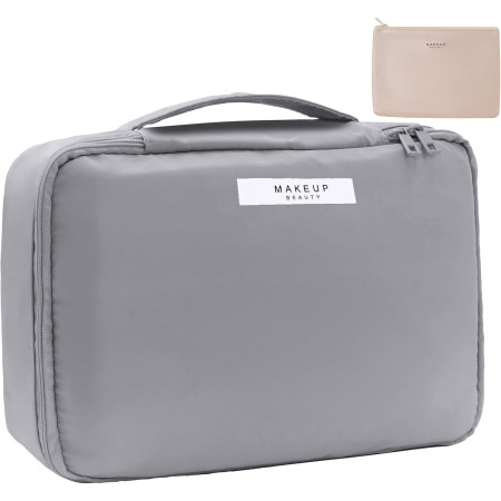 Geanta de Calatorie, Cyrax, pentru Cosmetice si Articole de Toaleta, Material Impermeabil, 2 in 1, Portfard Interior Detasabil, 23 x 16 x 8 cm, Gri