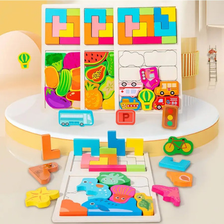 Puzzle Montessori din Lemn pentru Copii, Cyrax, Tip Tetris 2in1 +3 Ani, cu Fructe Colorate 3D, Educativ, Intuitiv, Creativ, 21 de Piese, 28.5x17x1.2 cm, Multicolor