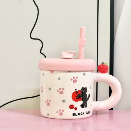 Cana din Ceramica cu Capac si Pai, Cyrax, Capacul si Paiul din Silicon Roz, 9x8.5 cm, Model Cute D, Capacitate 380ml