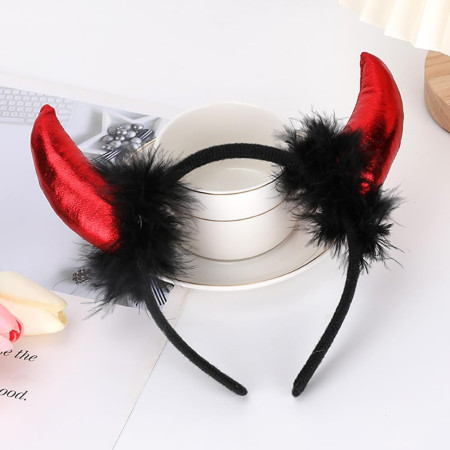 Coronita Deghizare, Cyrax, Model Cornite Devil, Rosu Satinat cu Puf Negru, Marime Universala