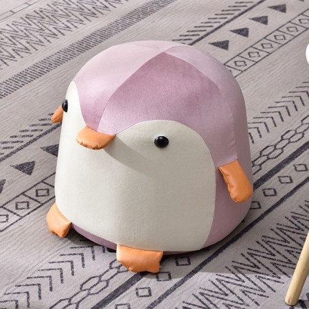 Taburet Pentru Copii, Cyrax, Cadru din Lemn Masiv, 25 x 29 x 29 cm, Perna de Burete Elastica si Maner de Transport, in Forma de Pinguin, Roz