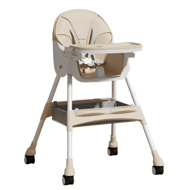 Scaun de Masa pentru Bebelusi si Copii, Cyrax, cu Roti, Telescopic, Pliabil, Masuta Reglabila, Suport Picioare, Scaun cu Invelis Piele Artificiala, Centura Siguranta, Spatiu Depozitare, 97x73x65 cm, Bej