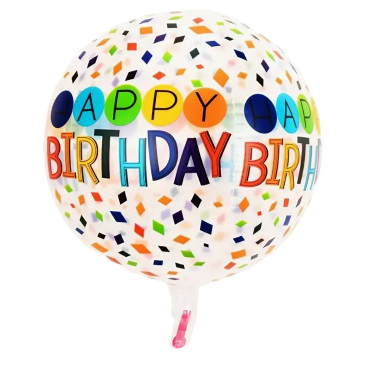 Balon din Folie Metalizata, Cyrax, Figurine 4D, Model Happy Birthday, Tematica Aniversara Bombonele, 63x24 cm, Ambalaj Individual, Pai Inclus, Umflare cu Aer sau Heliu, Alb-Multicolor