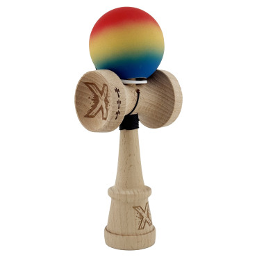 Kendama X Originala, Profesionala, Cyrax, Cupe Mari KING SIZE V3, Rubber Grip, Gaura in Baza, Rulment Metalic, din lemn 18 cm, Ata 62/65 cm, Gradient Rosu/Galben/Albastru