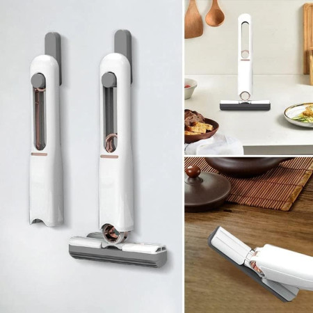 Mop de mana Cyrax, mini-portabil, cu sistem de stoarcere, dispozitiv de curatat manual, cu burete absorbant, material PVA, multisuprafete si geamuri, 29.5 x 15.5 cm, alb