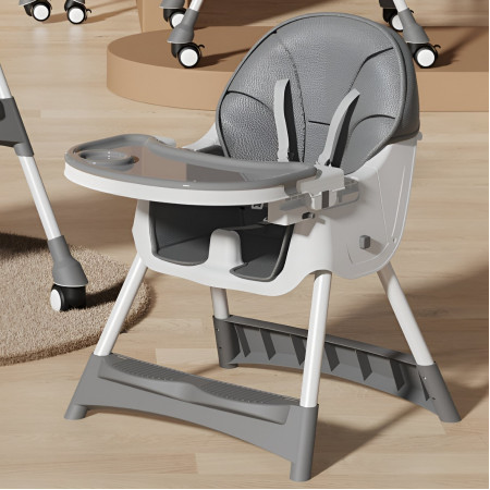 Scaun de Masa pentru Bebelusi si Copii, Cyrax, cu Roti, Telescopic, Pliabil, Masuta Reglabila, Suport Picioare, Scaun cu Invelis Piele Artificiala, Centura Siguranta, Spatiu Depozitare, 97x73x65 cm, Gri