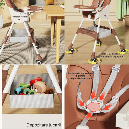 Scaun de masa pentru bebelusi si copii Cyrax, cu roti, telescopic, pliabil, masuta reglabila, suport picioare, scaun invelis piele artificiala, centura siguranta, spatiu depozitare, 97 x 73 x 65 cm, maro