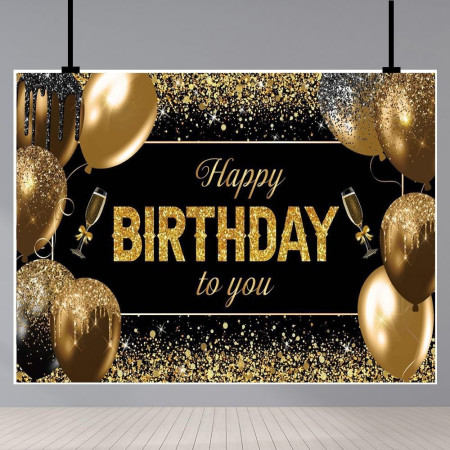 Banner Tip Fundal pentru Poze, Cyrax, din Panza, 185 x 110 cm, Sfoara 6 m, Prindere in 4 Colturi, Happy Birthday to You, Negru/Auriu