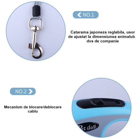 Lesa Automata Retractabila,  pentru Caini, 5 m, 20 kg, ABS, Verde/Bleu, 8x12x4 cm