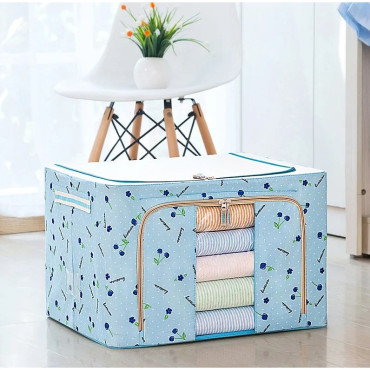 Cutie de Depozitare Pliabila,  100 L, din Tesatura Oxford, 60x42x40 cm, Fereastra Frontala, 2 Usi de Acces cu Fermoar Bidirectional, Cadru Metalic, Suport Baza Stabil din Plastic, Imprimeu Cirese, Albastru