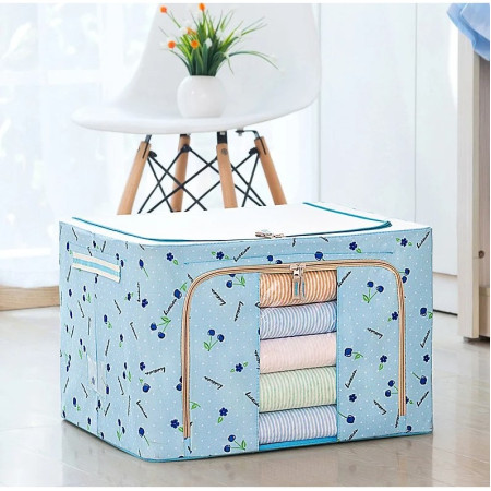 Cutie de Depozitare Pliabila,  100 L, din Tesatura Oxford, 60x42x40 cm, Fereastra Frontala, 2 Usi de Acces cu Fermoar Bidirectional, Cadru Metalic, Suport Baza Stabil din Plastic, Imprimeu Cirese, Albastru