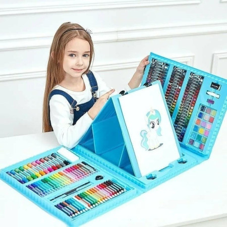 Set 208 Piese, Complet pentru Pictura si Desen, Cyrax, Tip Servieta, 3-12 Ani, 32.6 x 27.7 x 6 cm, Albastru