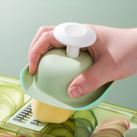 Feliator Multifunctional, Cyrax, 3 in 1, pentru Fructe si Legume, 6 Piese, Maner, Lame de Inox, Recipient Stocare, Protectie Mana, ABS, 35x12x9.4 cm, Verde