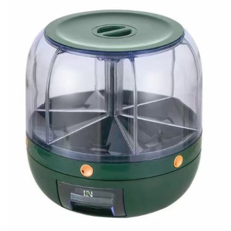 Dozator de cereale Cyrax, rotativ 360, 6 compartimente, capacitate 3 L, rezistent la umezeala, inchidere etansa, verde inchis