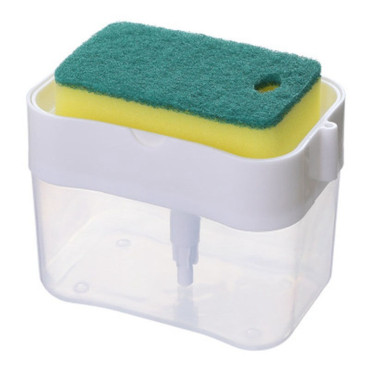 Dozator Cyrax, Dispenser 2 in 1 pentru Detergent Lichid de Vase sau pentru Obiecte Sanitare cu Suport pentru Burete de Bucatarie ,14 x 10.5 x 10 cm, capacitate 380 ml, alb