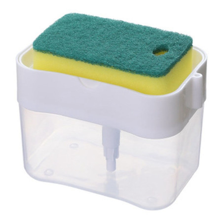 Dozator Cyrax, Dispenser 2 in 1 pentru Detergent Lichid de Vase sau pentru Obiecte Sanitare cu Suport pentru Burete de Bucatarie ,14 x 10.5 x 10 cm, capacitate 380 ml, alb